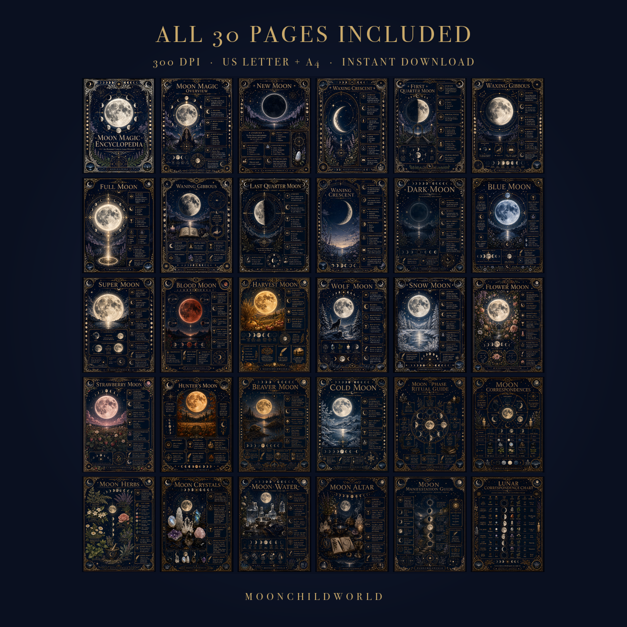 All 30 pages included - full preview of the Moon Magic printable Book of Shadows grimoire, 300 DPI US Letter and A4