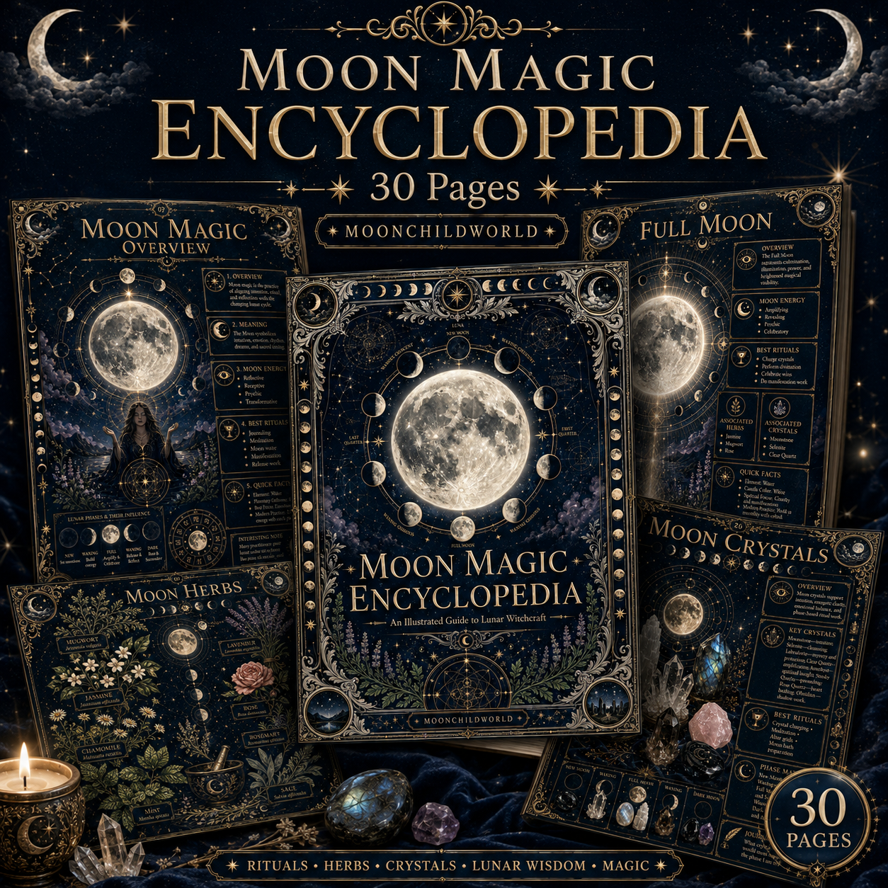 Moon Magic Printable Grimoire 30 pages spread - lunar encyclopedia Book of Shadows pages