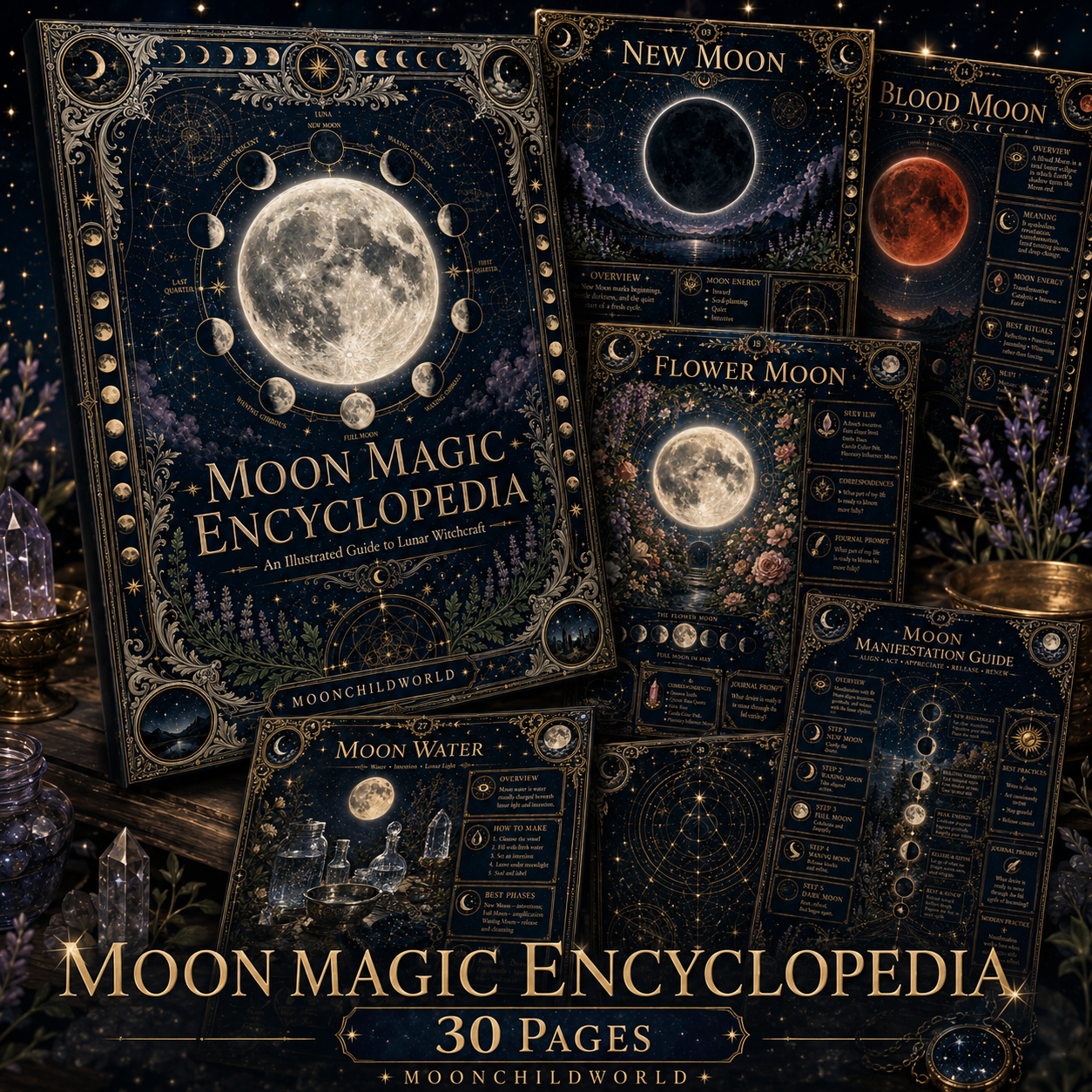Witchcraft moon grimoire printable pages - new moon, blood moon and flower moon