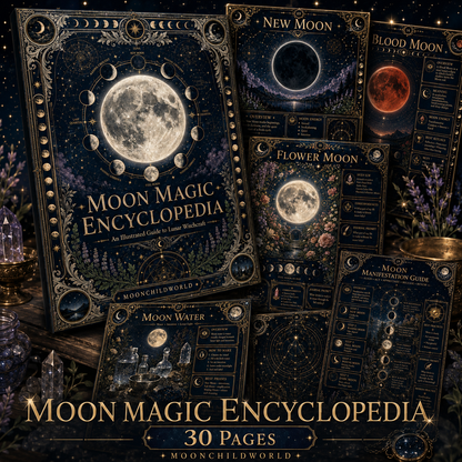Witchcraft moon grimoire printable pages - new moon, blood moon and flower moon