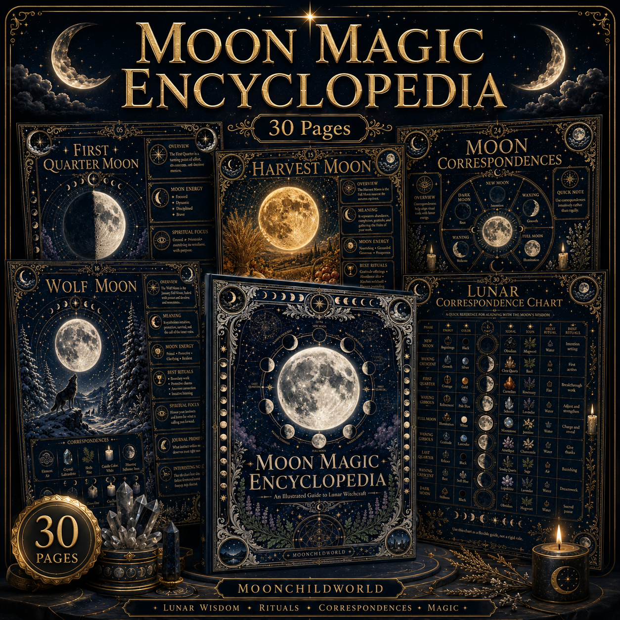Printable moon phase pages - full moon, harvest moon and lunar correspondence chart