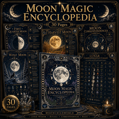 Printable moon phase pages - full moon, harvest moon and lunar correspondence chart