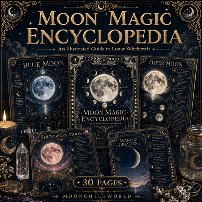 Moon Magic printable Book of Shadows pages with crystals and candles on altar