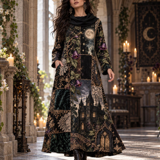 Moon Manor Night Garden Gothic Cowl Neck Dress – Witchy Dark Maxi – worn, in motion