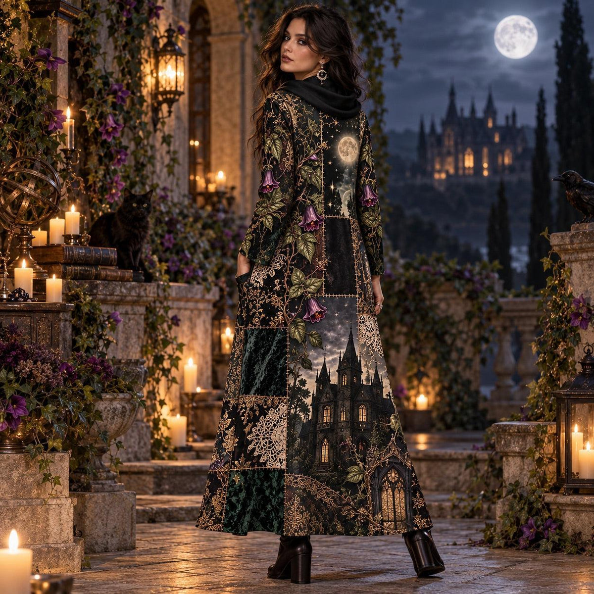 Moon Manor Night Garden Gothic Cowl Neck Dress – Witchy Dark Maxi – worn, three quarter view