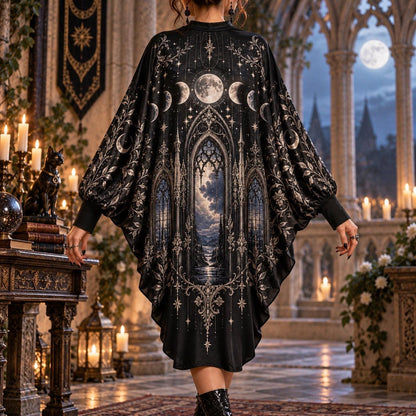 Moon Phase Cathedral Gothic Batwing Dress – Witchy Celestial Midi – worn, back view