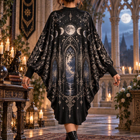 Moon Phase Cathedral Gothic Batwing Dress – Witchy Celestial Midi – worn, back view
