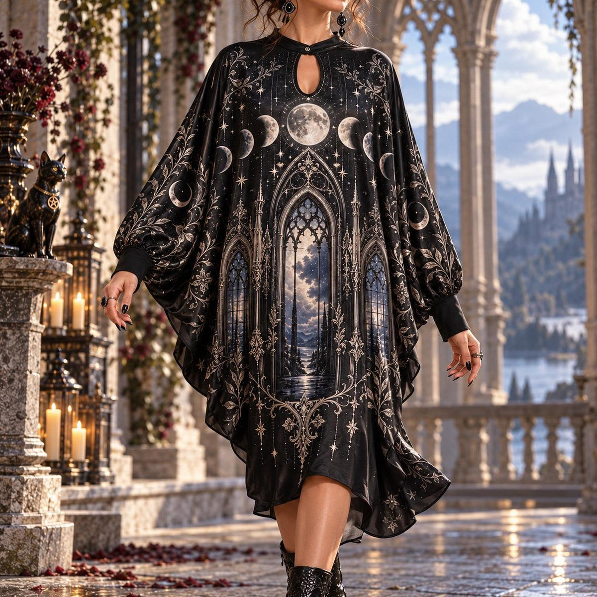 Moon Phase Cathedral Gothic Batwing Dress – Witchy Celestial Midi – worn, in motion