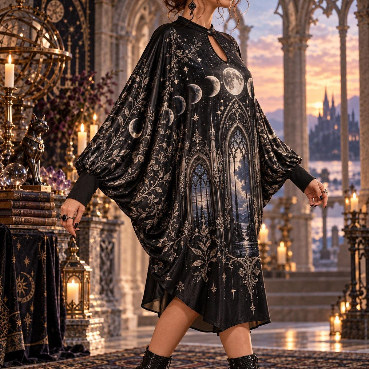 Moon Phase Cathedral Gothic Batwing Dress – Witchy Celestial Midi – worn, three quarter view