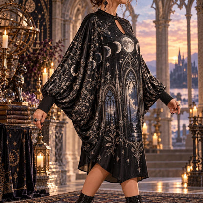 Moon Phase Cathedral Gothic Batwing Dress – Witchy Celestial Midi – worn, three quarter view