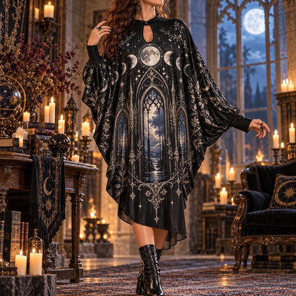 Moon Phase Cathedral Gothic Batwing Dress – Witchy Celestial Midi – worn, in motion