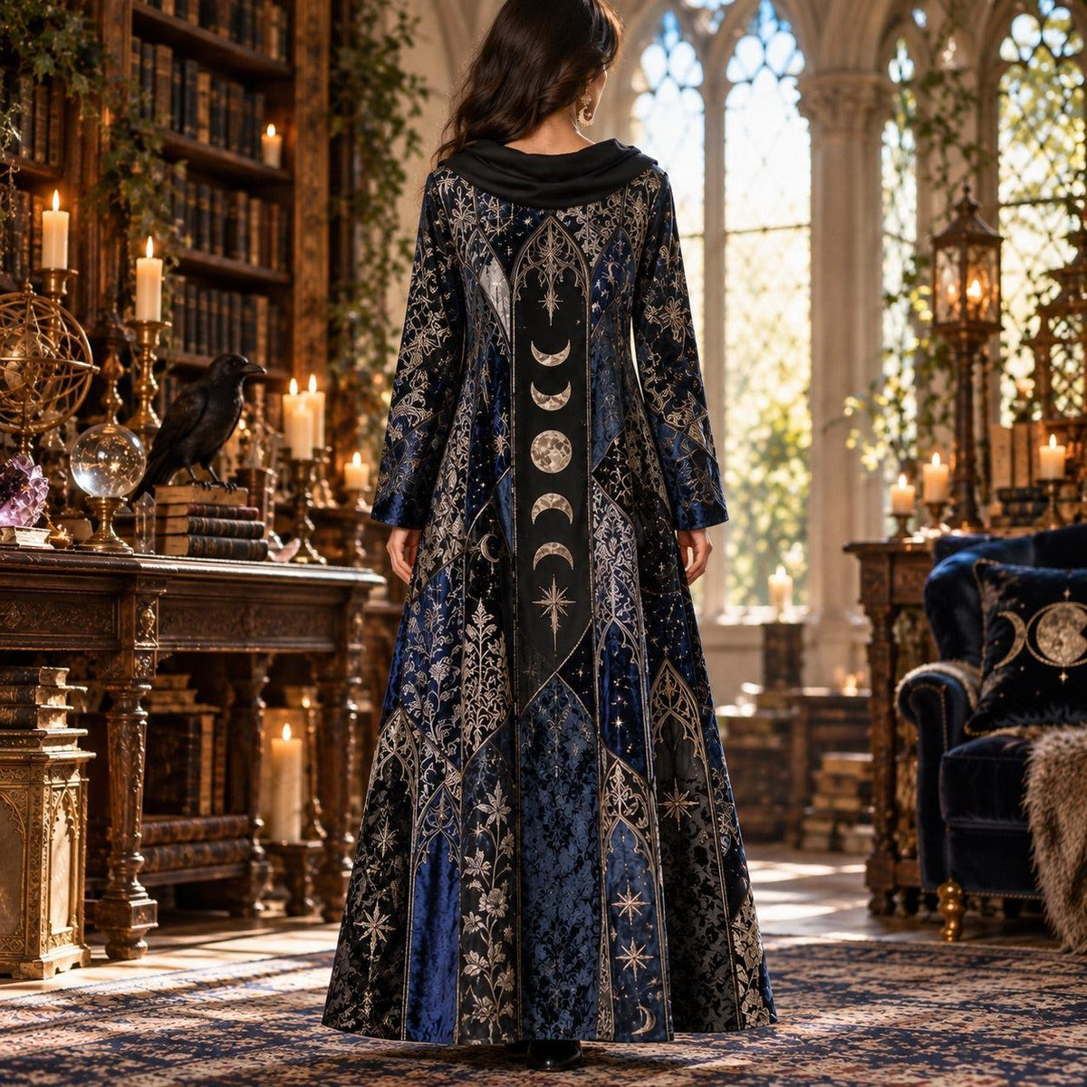 Moon Phase Cathedral Gothic Cowl Neck Dress – Witchy Celestial Maxi – worn, back view
