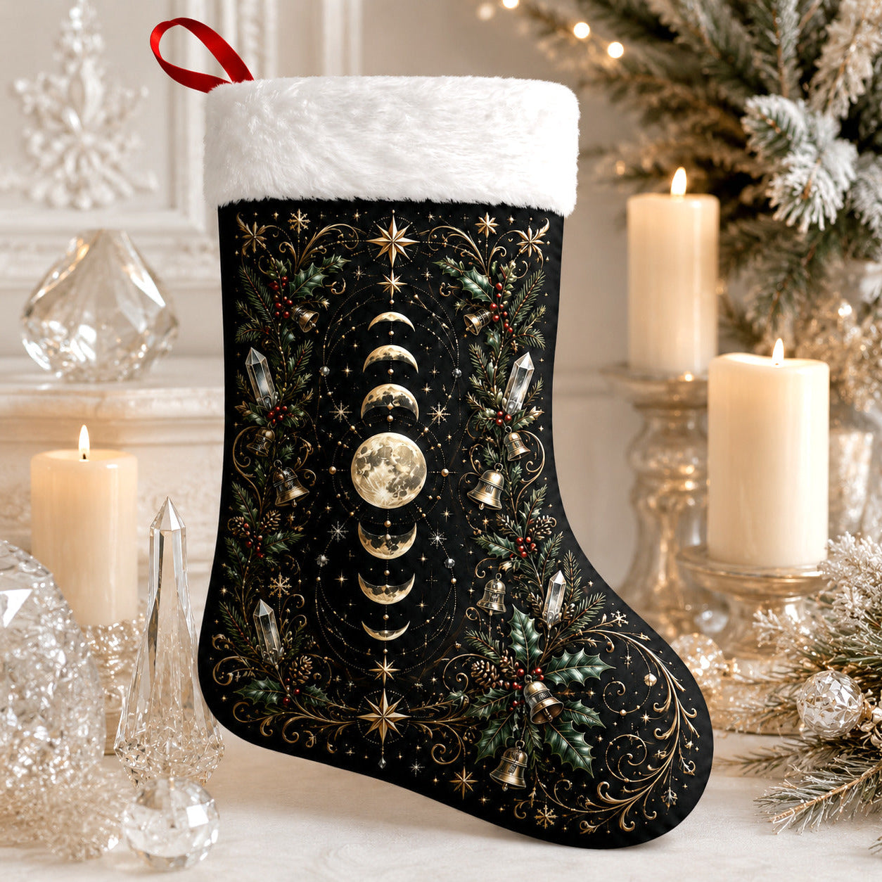 Moon Phase Christmas Stocking Celestial Gold Yule Mantel Decor, styled shot 2