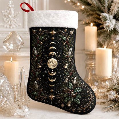 Moon Phase Christmas Stocking Celestial Gold Yule Mantel Decor, styled shot 2