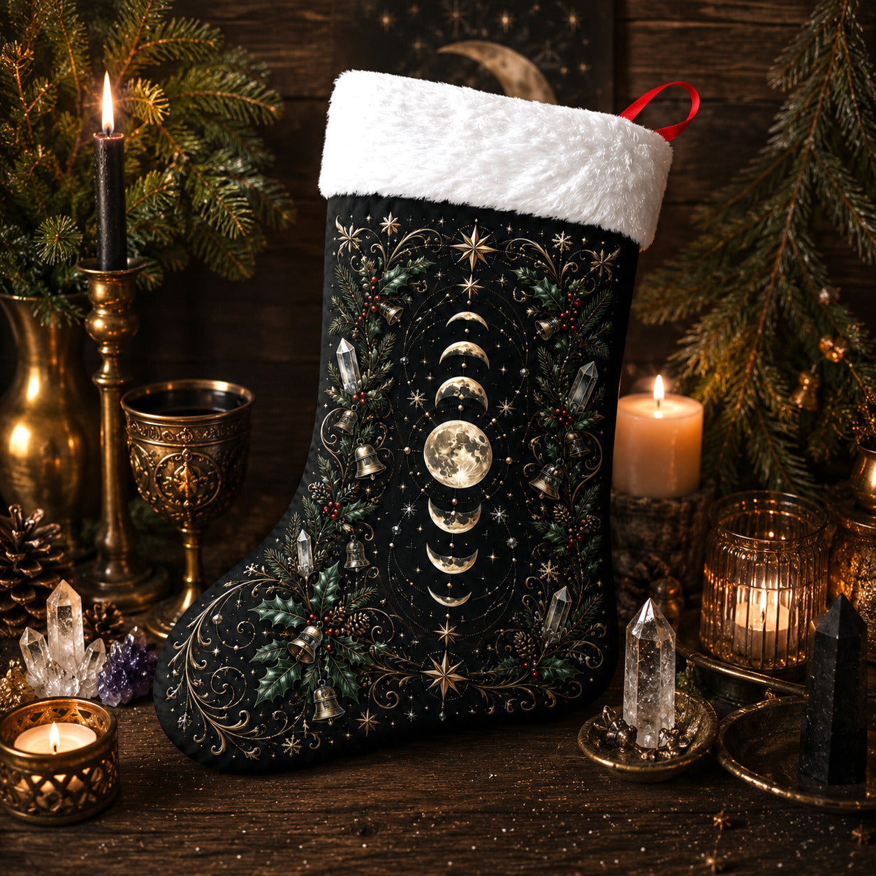 Moon Phase Christmas Stocking Celestial Gold Yule Mantel Decor, styled shot 3