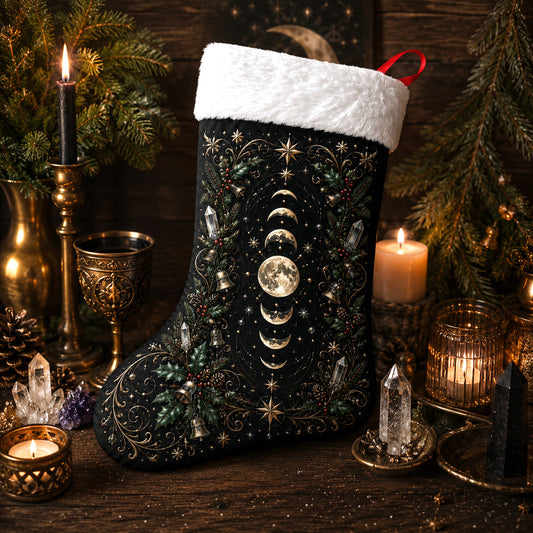 Moon Phase Christmas Stocking Celestial Gold Yule Mantel Decor, styled shot 3
