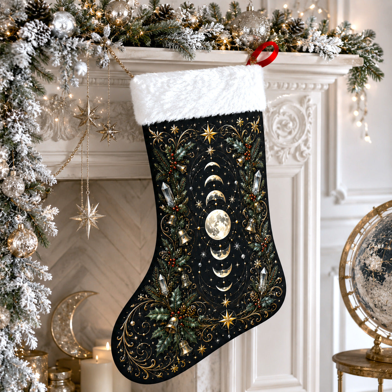 Moon Phase Christmas Stocking Celestial Gold Yule Mantel Decor, styled shot 4