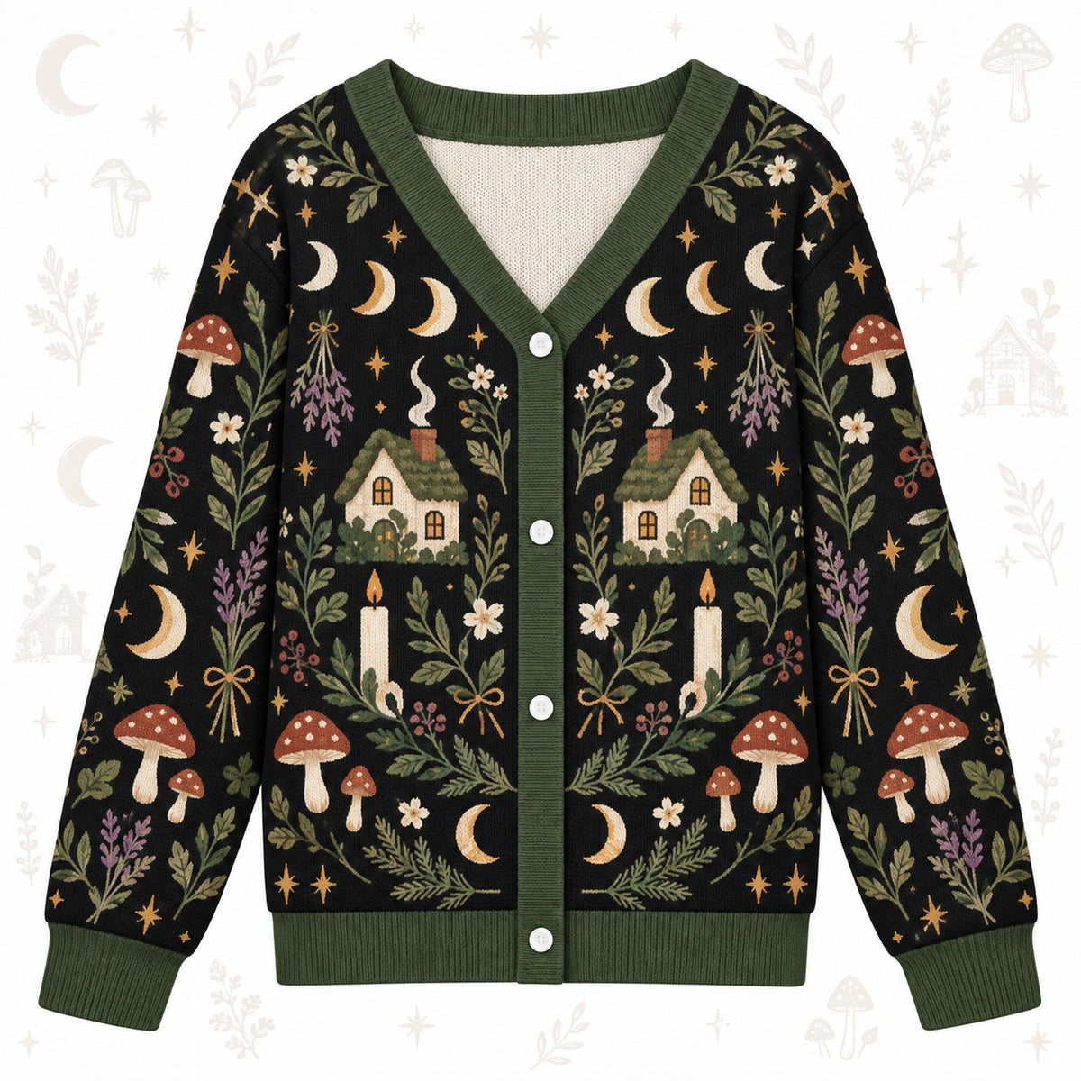 Moon Phase Cottage Candle Witchy Cardigan for Women Dark Green Pagan, front view