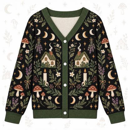Moon Phase Cottage Candle Witchy Cardigan for Women Dark Green Pagan, front view
