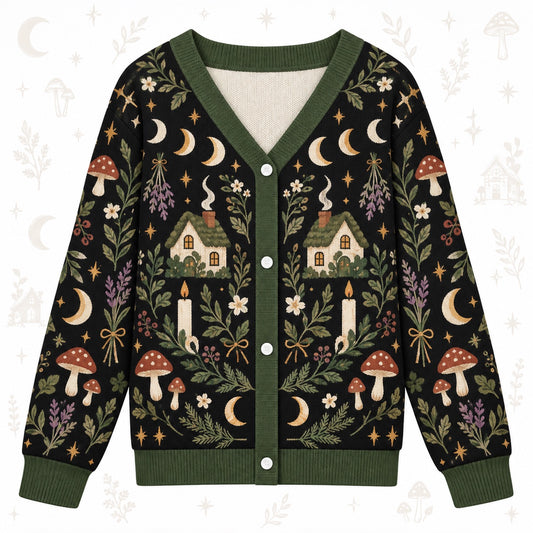Moon Phase Cottage Candle Witchy Cardigan for Women Dark Green Pagan, front view