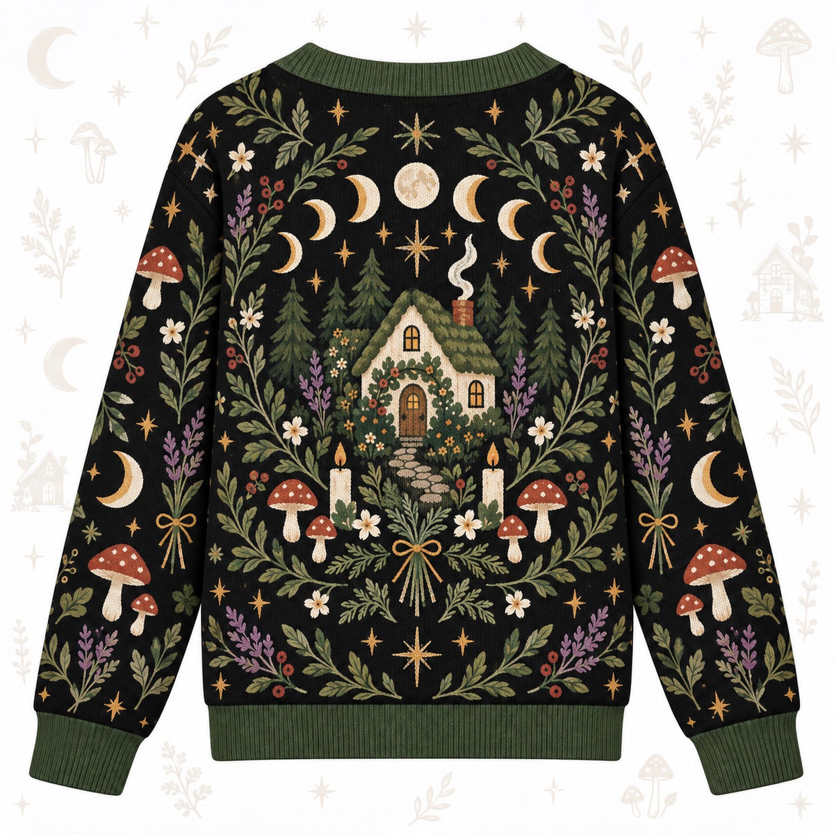 Moon Phase Cottage Candle Witchy Cardigan for Women Dark Green Pagan, back view