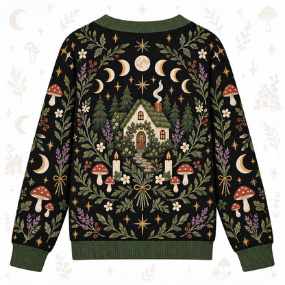 Moon Phase Cottage Candle Witchy Cardigan for Women Dark Green Pagan, back view