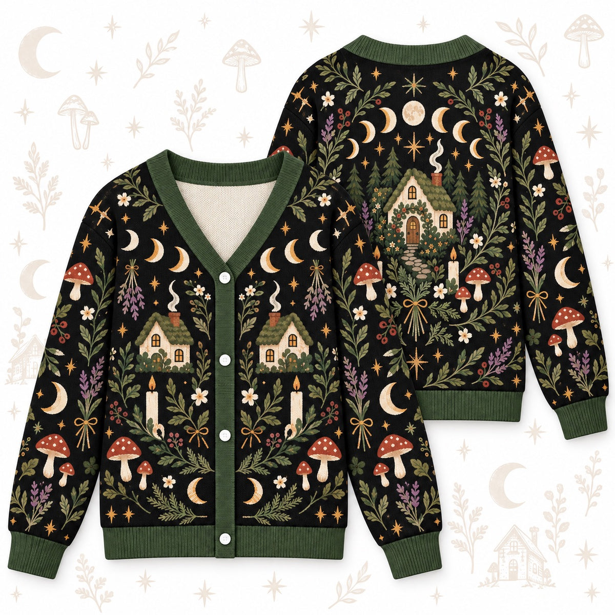 Moon Phase Cottage Candle Witchy Cardigan for Women Dark Green Pagan, front and back shown together