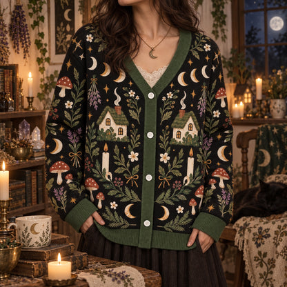 Moon Phase Cottage Candle Witchy Cardigan for Women Dark Green Pagan, worn, front view