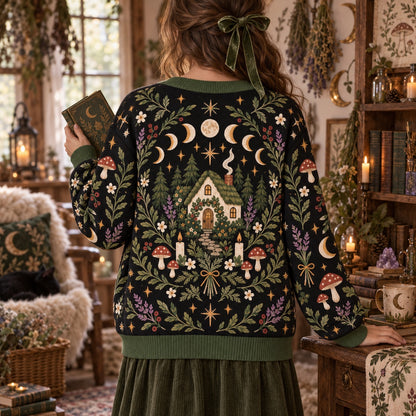 Moon Phase Cottage Candle Witchy Cardigan for Women Dark Green Pagan, worn, back view