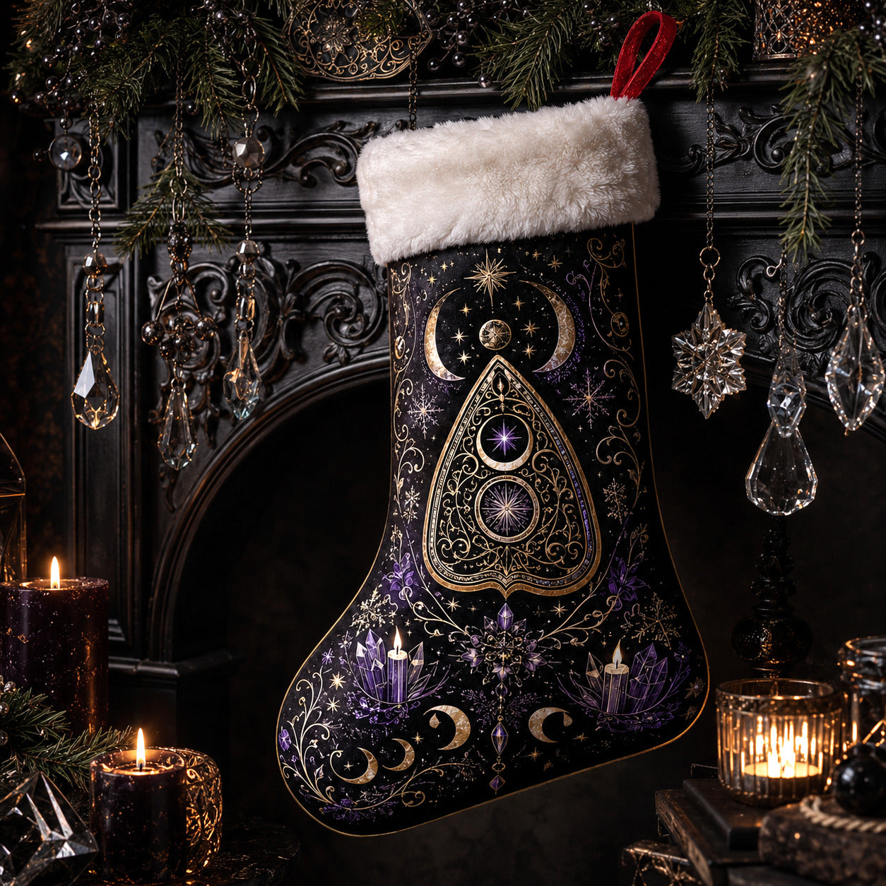 Moon Phase Planchette Christmas Stocking Occult Witchy Yule Decor, styled shot 3