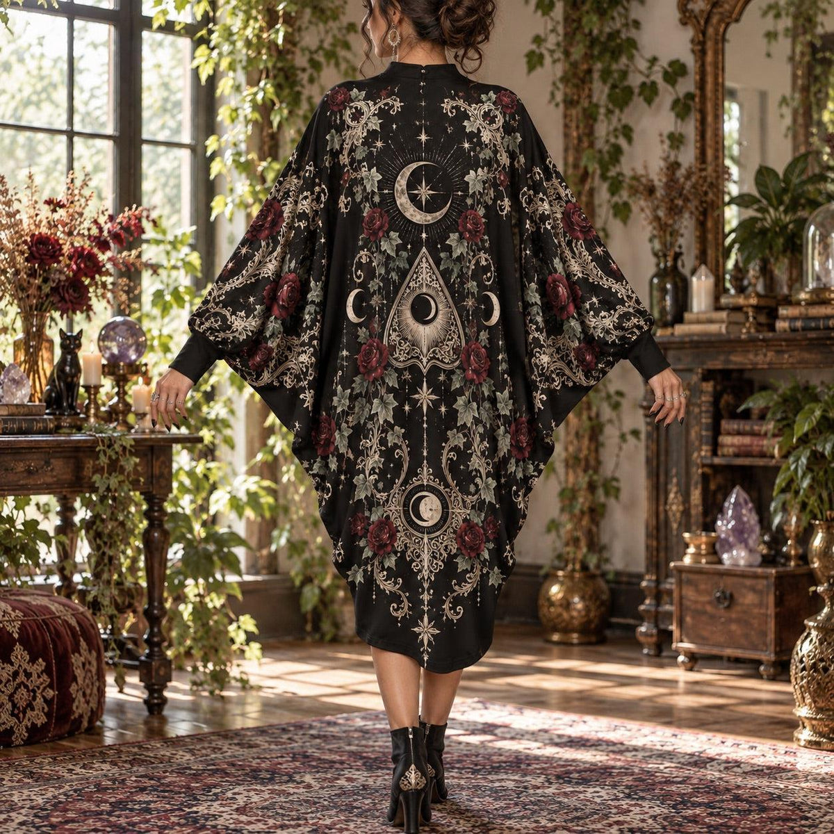 Moon Planchette Victorian Gothic Batwing Dress – Witchy Rose Midi – worn, back view