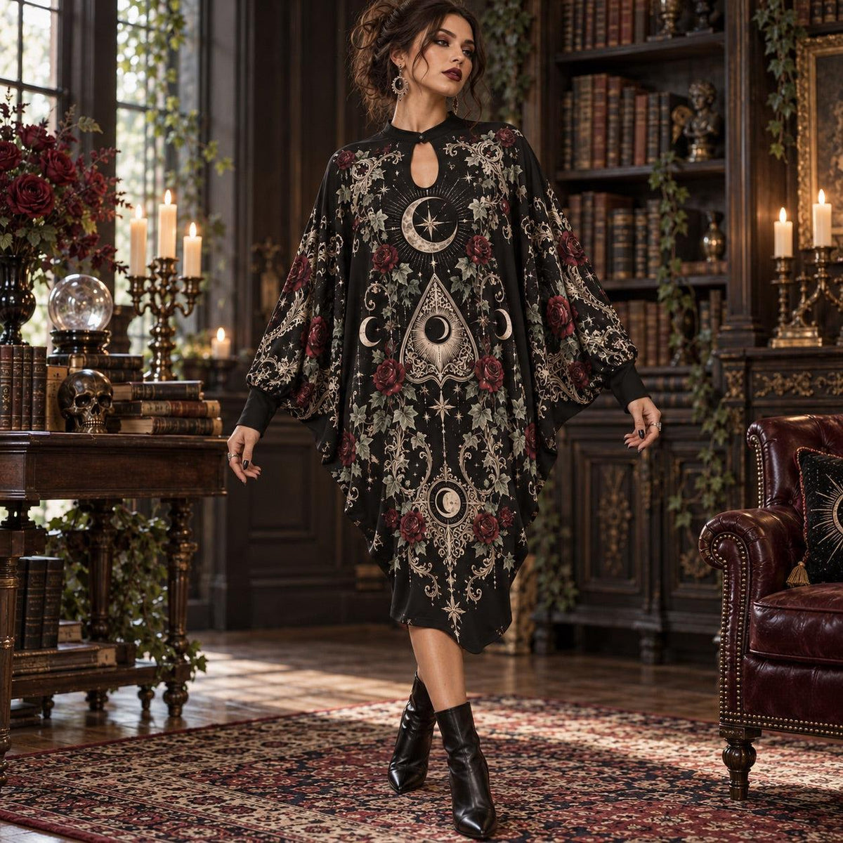 Moon Planchette Victorian Gothic Batwing Dress – Witchy Rose Midi – worn, in motion