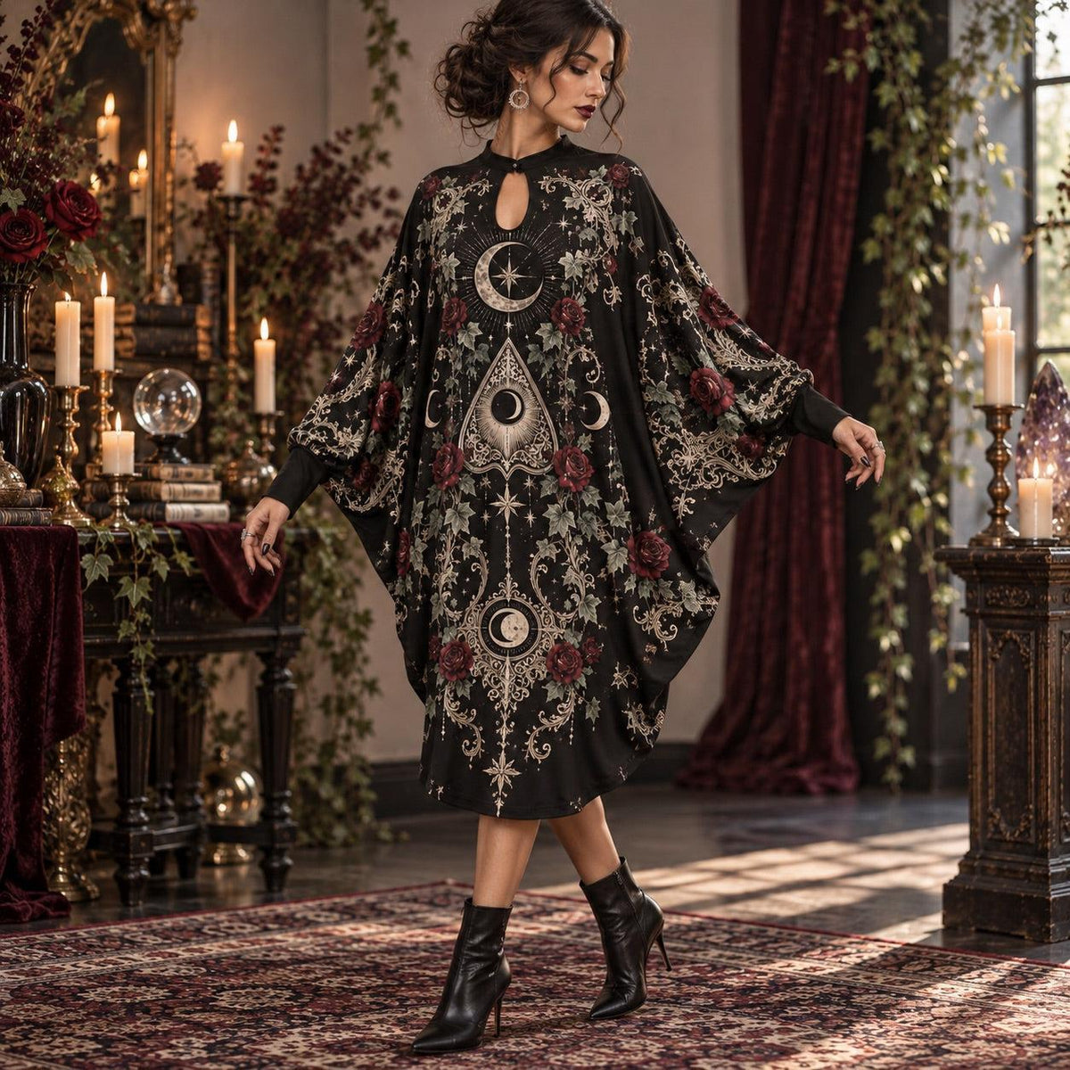 Moon Planchette Victorian Gothic Batwing Dress – Witchy Rose Midi – worn, in motion