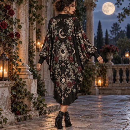 Moon Planchette Victorian Gothic Batwing Dress – Witchy Rose Midi – worn, back view