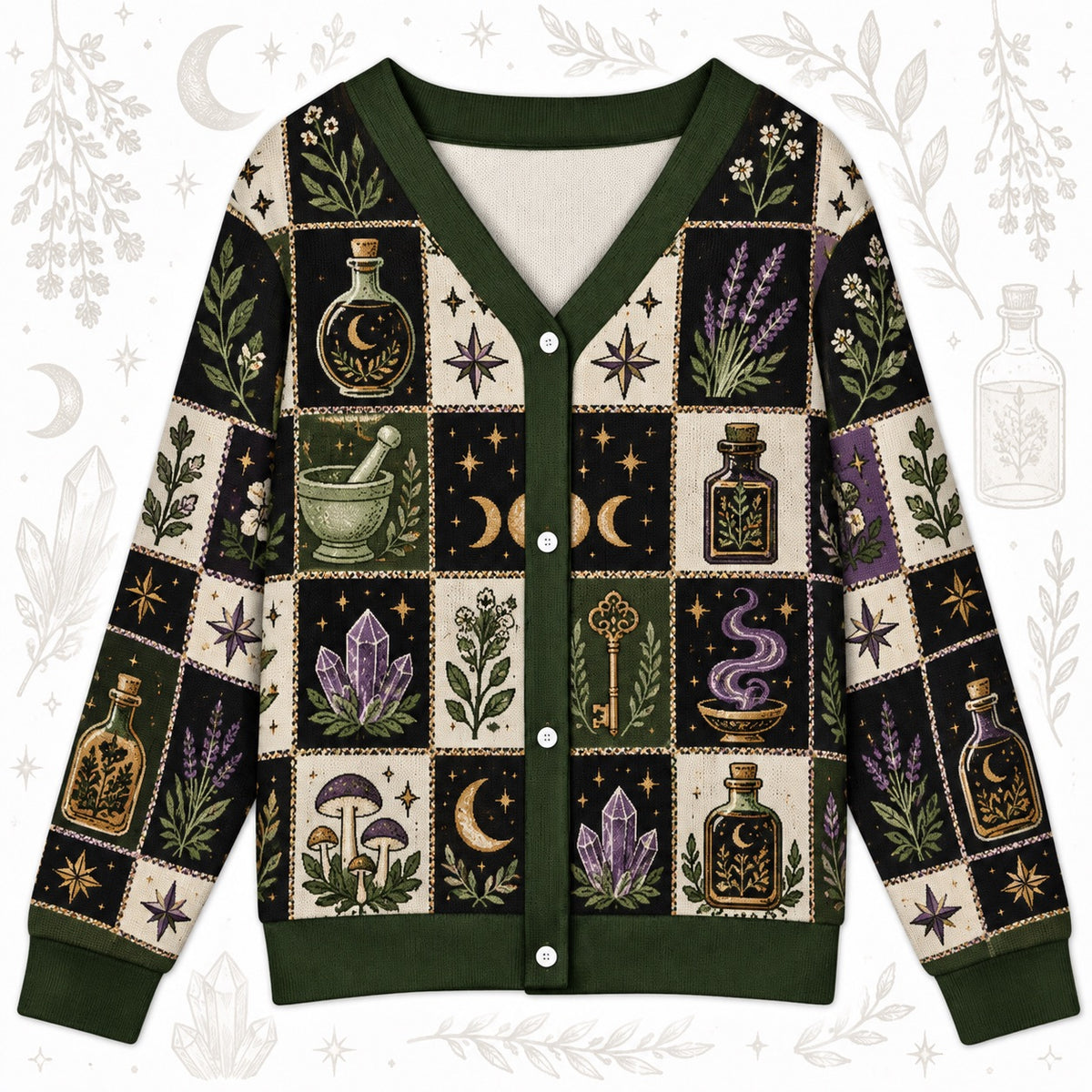 Moon Potion Bottle Witchy Cardigan for Women Apothecary Lavender Moth, front view