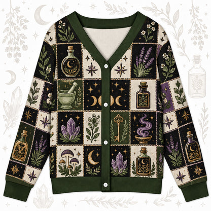 Moon Potion Bottle Witchy Cardigan for Women Apothecary Lavender Moth, front view