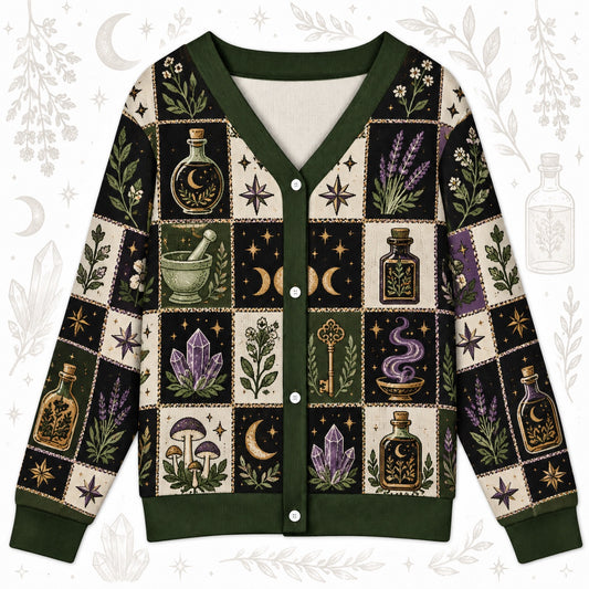 Moon Potion Bottle Witchy Cardigan for Women Apothecary Lavender Moth, front view