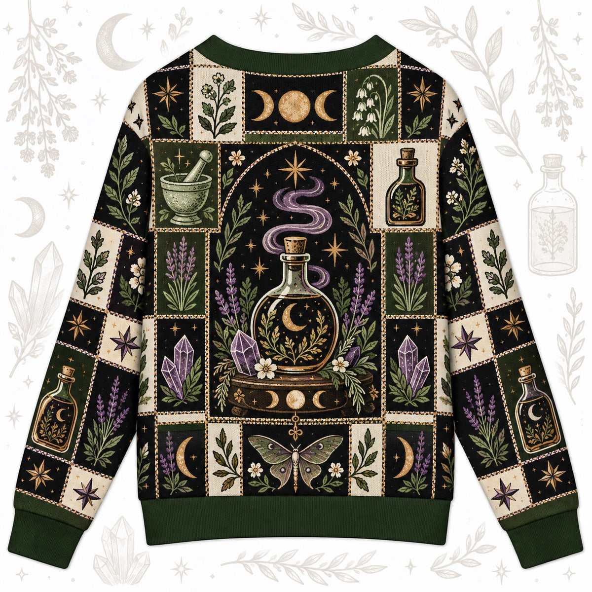 Moon Potion Bottle Witchy Cardigan for Women Apothecary Lavender Moth, back view