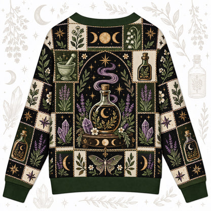 Moon Potion Bottle Witchy Cardigan for Women Apothecary Lavender Moth, back view