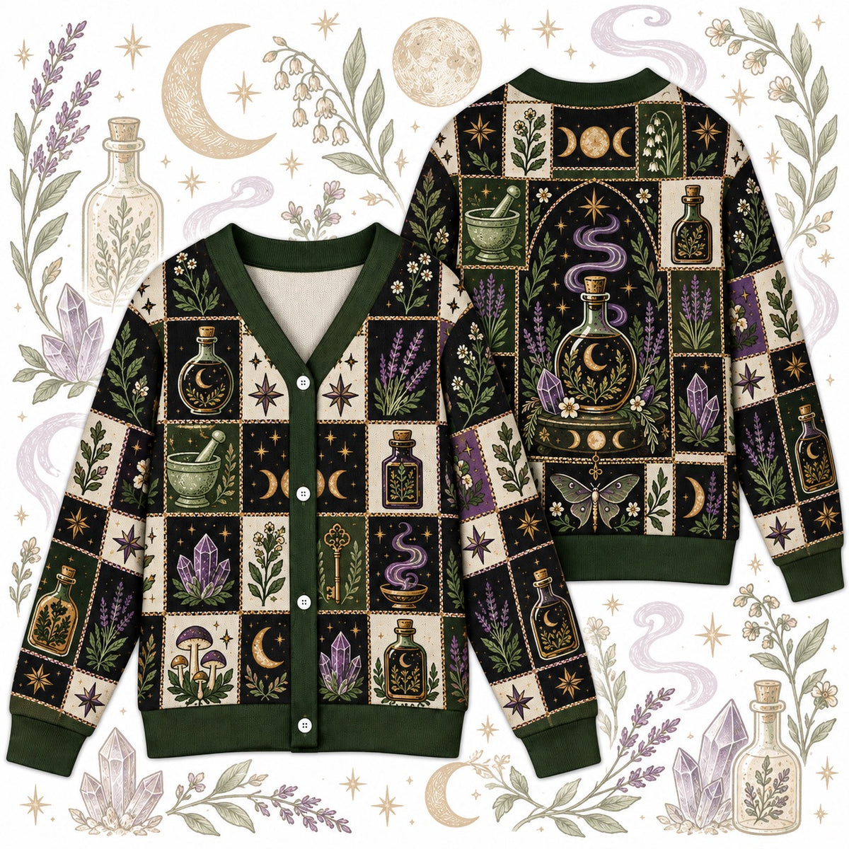 Moon Potion Bottle Witchy Cardigan for Women Apothecary Lavender Moth, front and back shown together