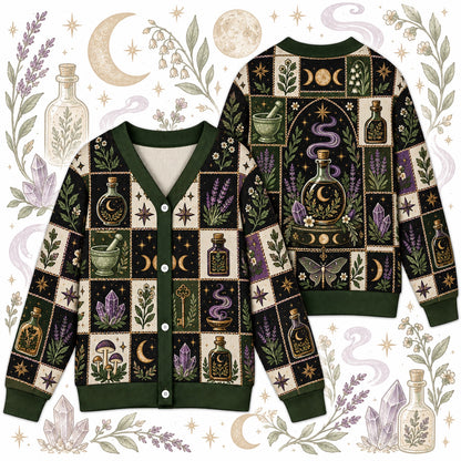 Moon Potion Bottle Witchy Cardigan for Women Apothecary Lavender Moth, front and back shown together
