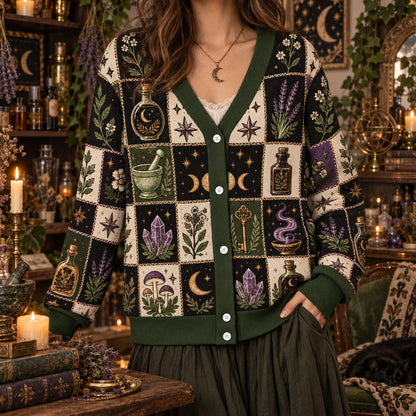 Moon Potion Bottle Witchy Cardigan for Women Apothecary Lavender Moth, worn, front view