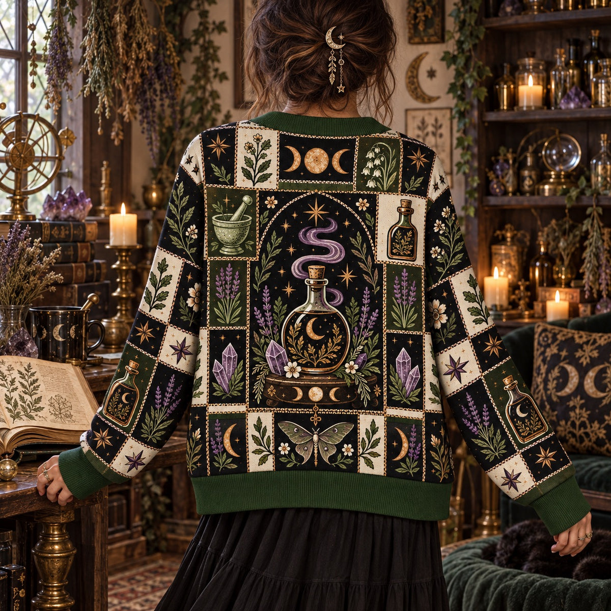 Moon Potion Bottle Witchy Cardigan for Women Apothecary Lavender Moth, worn, back view