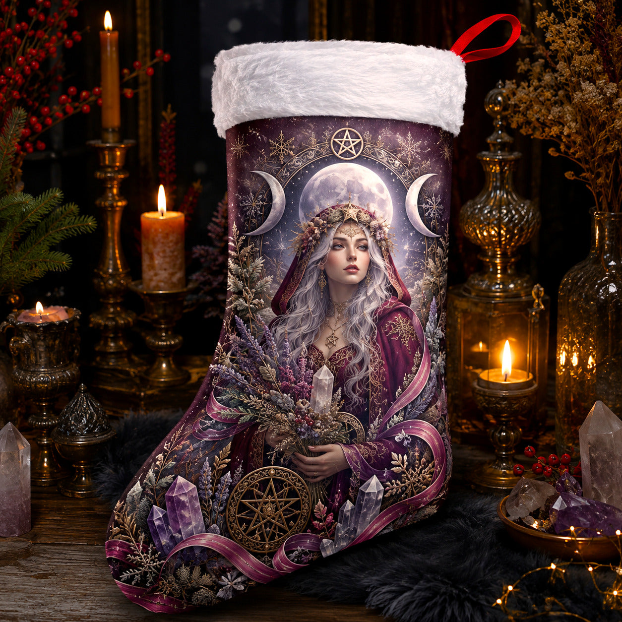 Moon Priestess Christmas Stocking Amethyst Triple Moon Witchy Decor