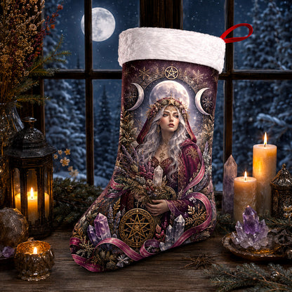 Moon Priestess Christmas Stocking Amethyst Triple Moon Witchy Decor, styled shot 3