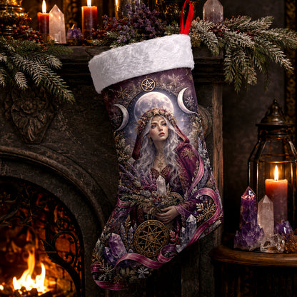 Moon Priestess Christmas Stocking Amethyst Triple Moon Witchy Decor, styled shot 4