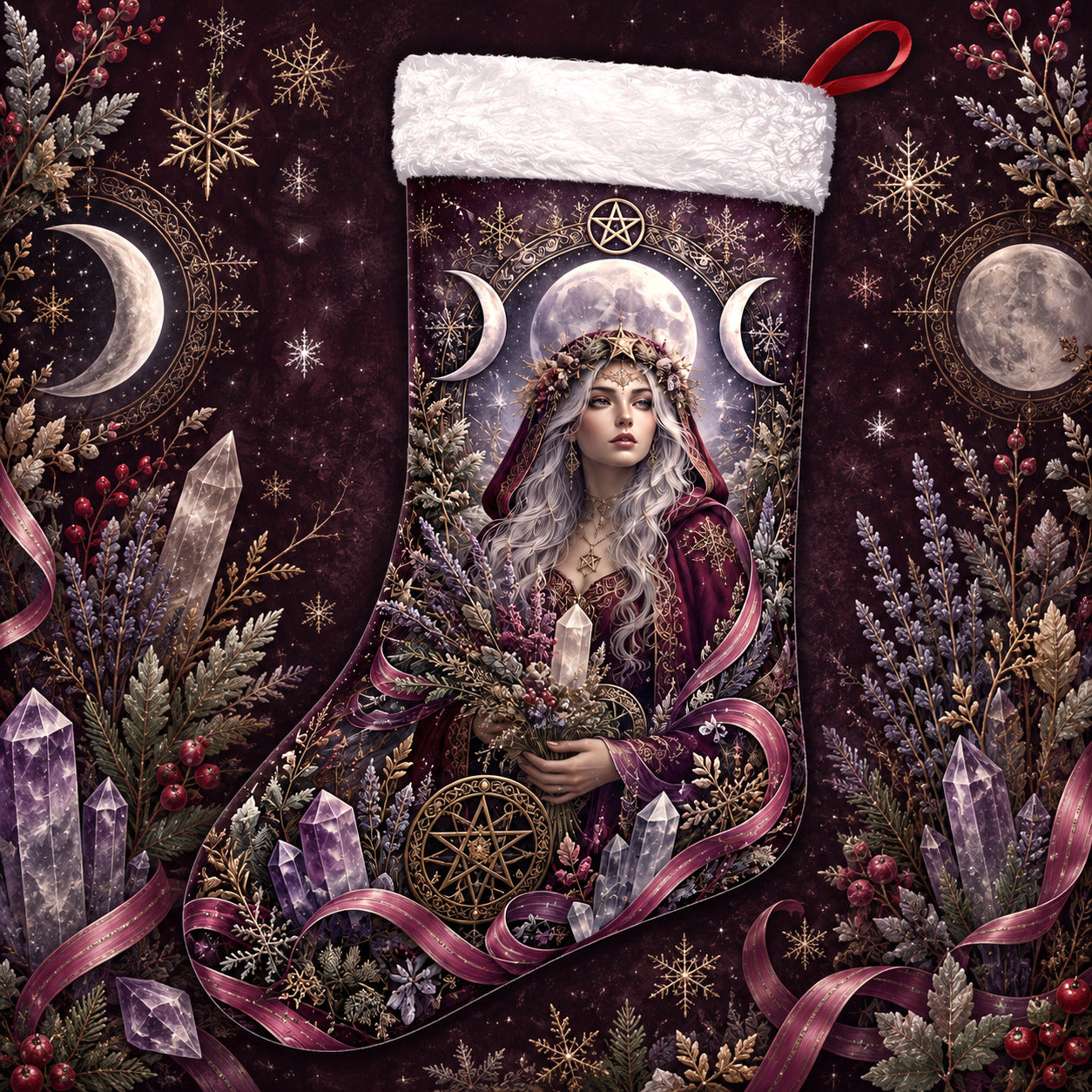 Moon Priestess Christmas Stocking Amethyst Triple Moon Witchy Decor, styled shot 5