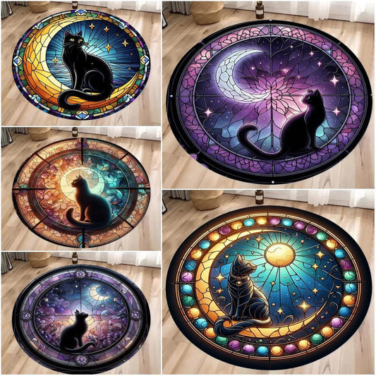 Moon and Black Cat Round Rug Gothic Witchy Cat Round Carpet for Christmas