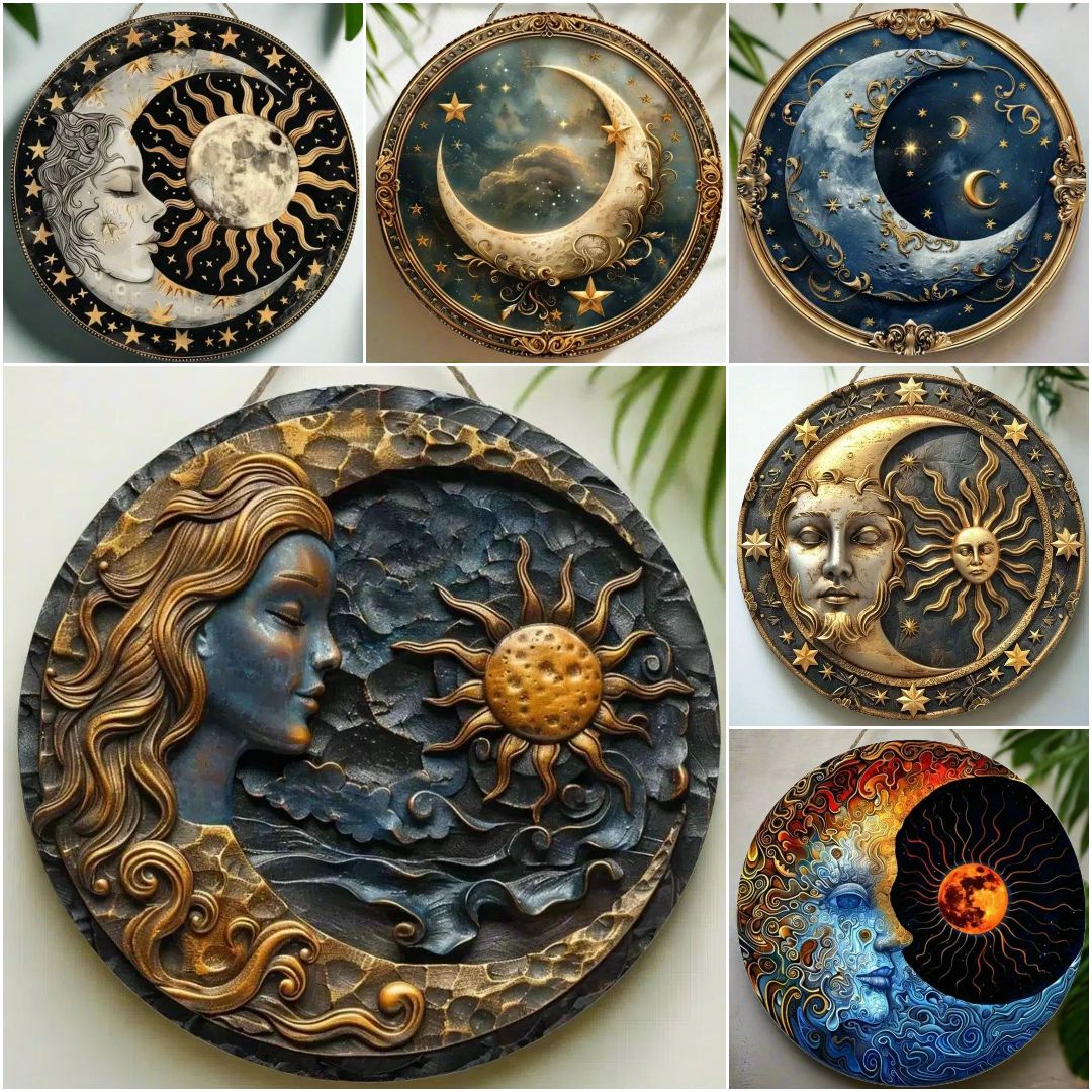 Sun and Moon Wooden Sign Celestial Goddess Hanging Sign-MoonChildWorld