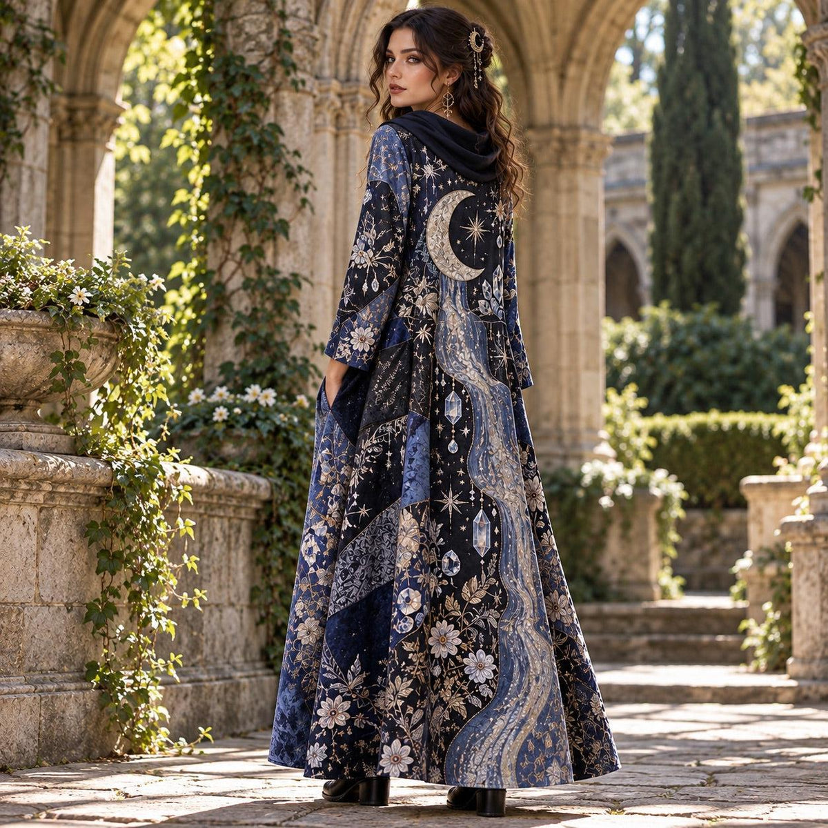 Moonchild Crystal Celestial Cowl Neck Dress – Witchy Moon Maxi – worn, three quarter view